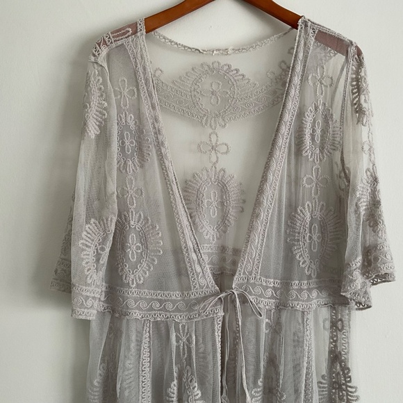 Lace Sheer Kimono Duster OS Gray Boho Hippie Festival Dainty Ethereal Fairycore - Picture 3 of 12